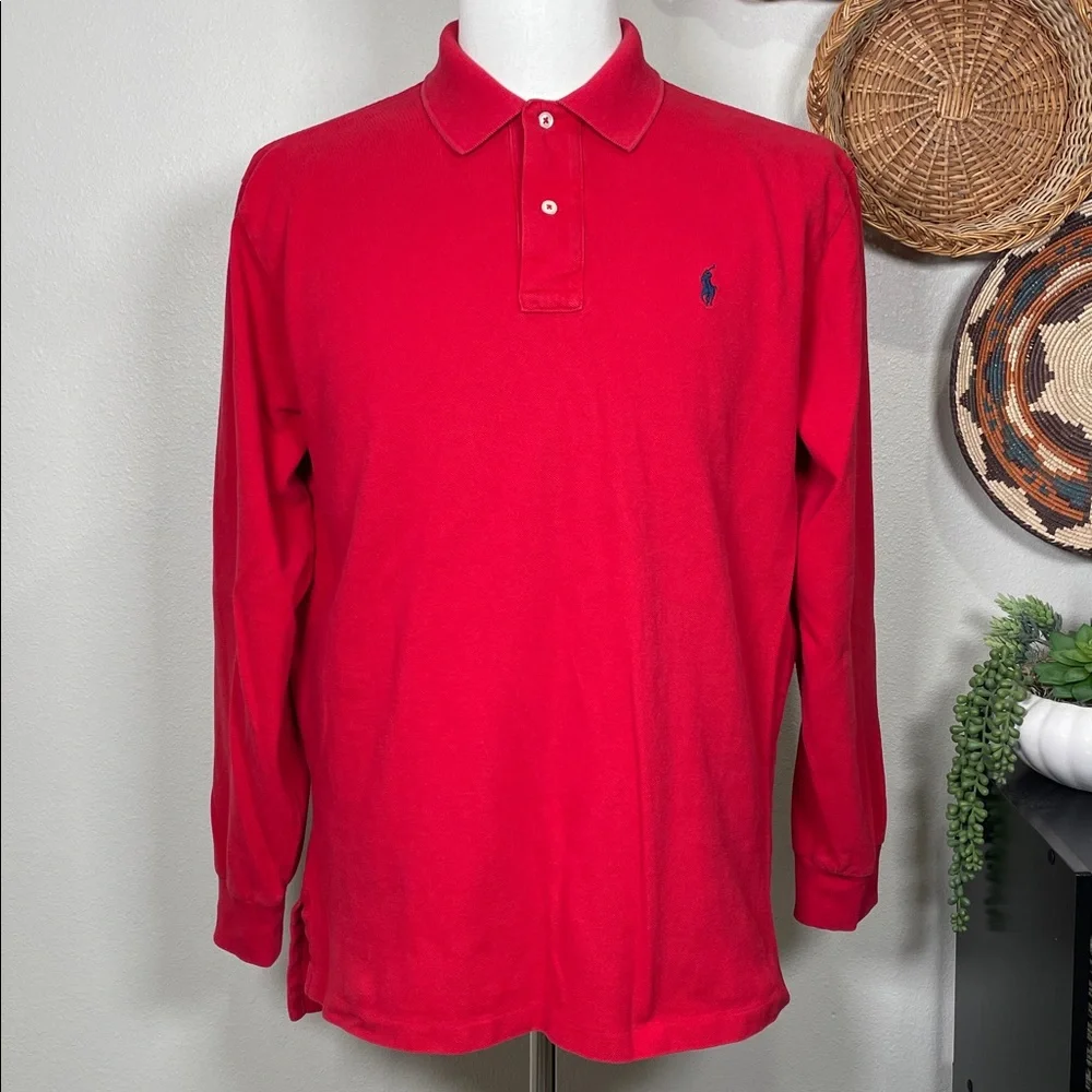 Mens Polo Ralph Lauren Long Sleeve Polo Henley Shirt Red Blue Pony Size Large